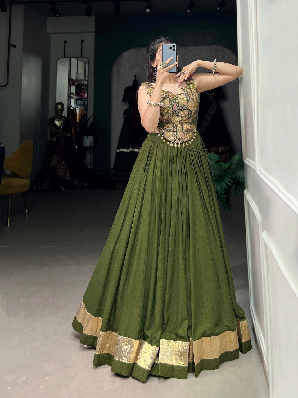 Lorenvalley Pure Rayon Green Plain With Embossed Design Lace Touch Up Lehenga Choli