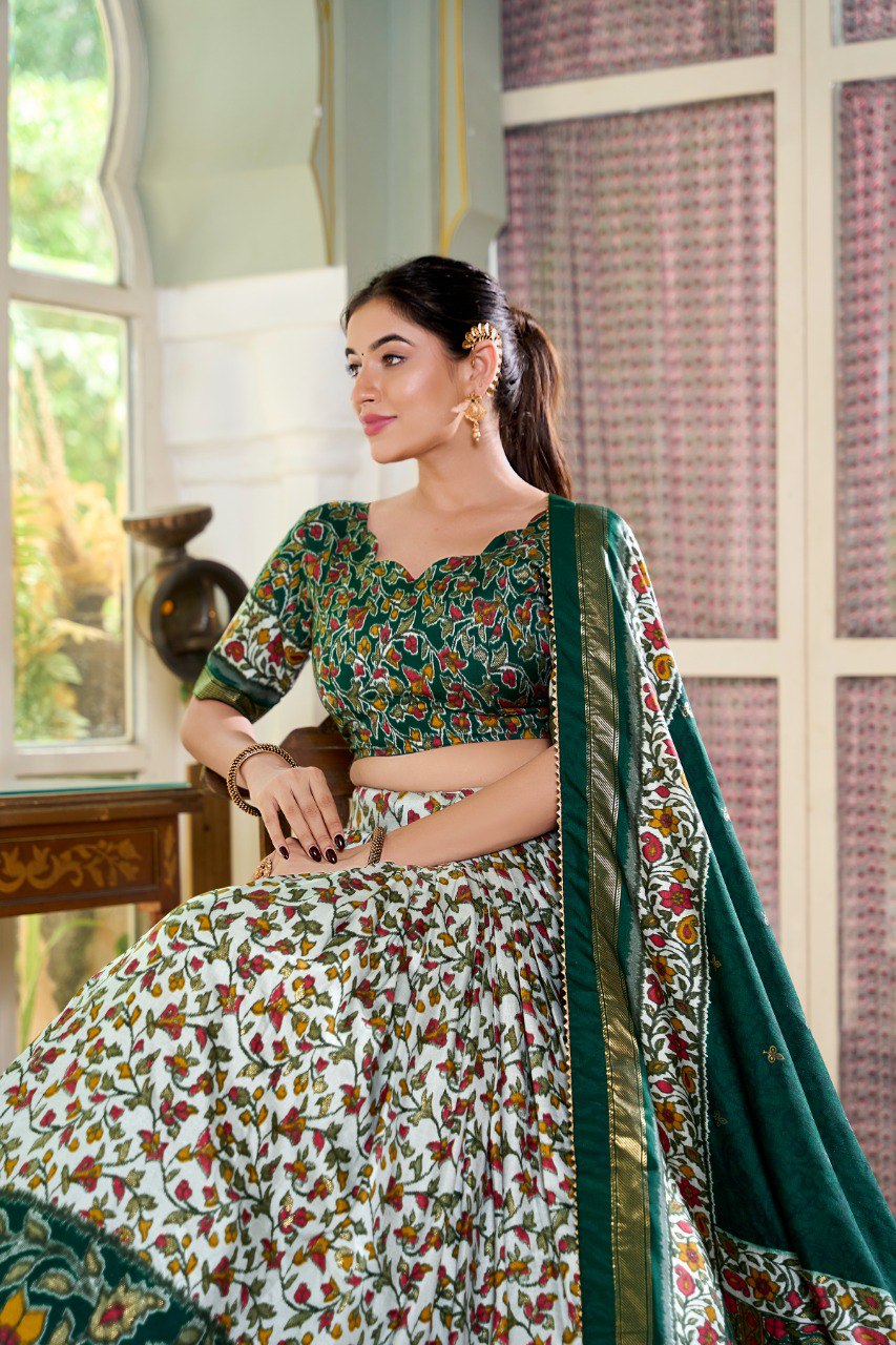 Lorenvalley Green Tussar Silk Floral Print with Foil Print Lehenga Choli with Dupatta