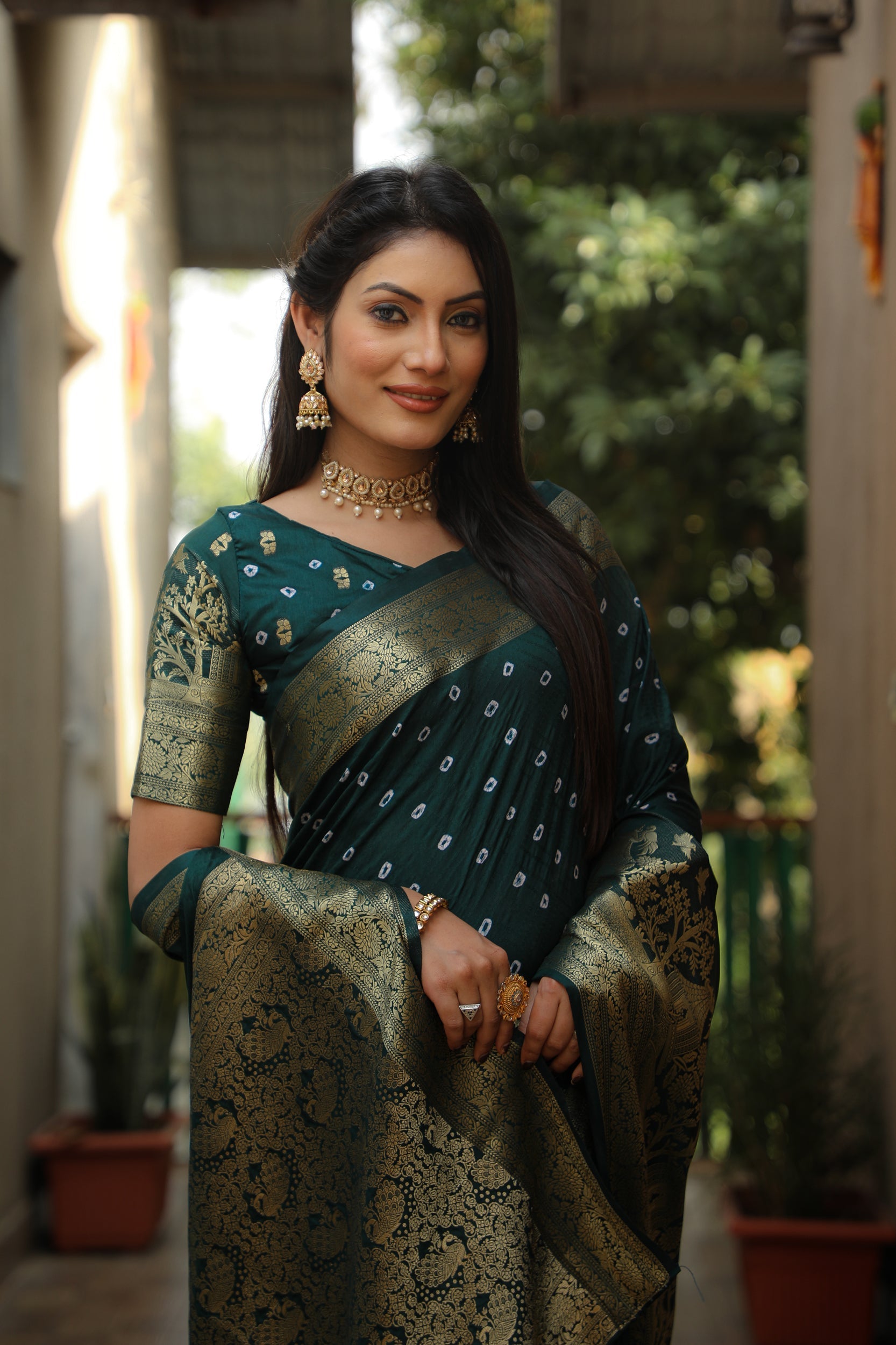 Lorenvalley Premium Pure Handmade Bandhej Kanjivaram silk saree with Zari Weaving Rich Pallu saree - Green