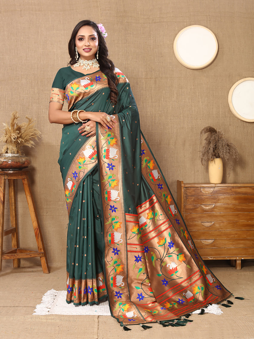 Lorenvalley Fashion Green Soft Paithani Silk Woven Design Rich Zari Meenakari Weaving Saree