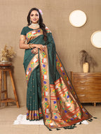 Lorenvalley Fashion Green Soft Paithani Silk Woven Design Rich Zari Meenakari Weaving Saree