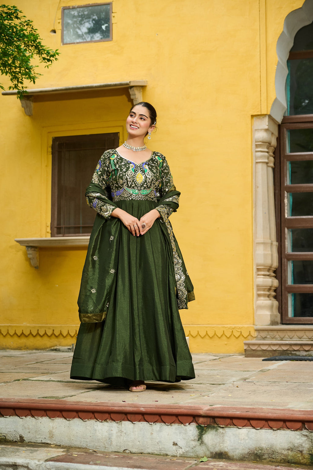 Lorenvalley Fashion Green Vichitra Silk with Multi Thread & Embroidered work Anarkali Gown with Dupatta - Distacart
