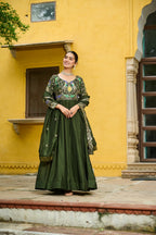 Lorenvalley Fashion Green Vichitra Silk with Multi Thread & Embroidered work Anarkali Gown with Dupatta - Distacart