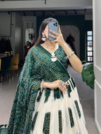 Lorenvalley Green Tussar Silk with Bandhej Print Lehenga Choli