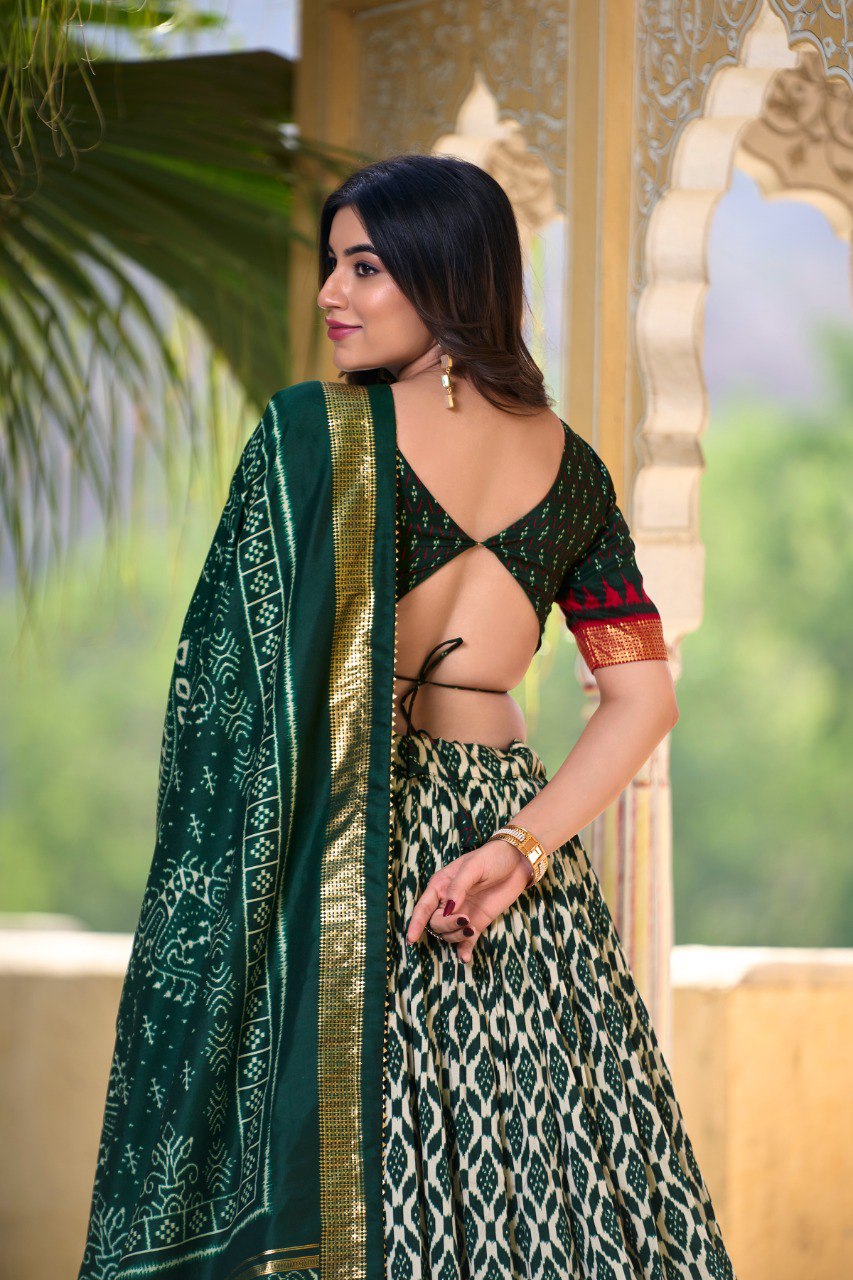 Lorenvalley Green Tussar Silk Ikkat Print With Foil Work Lehenga Choli with Dupatta