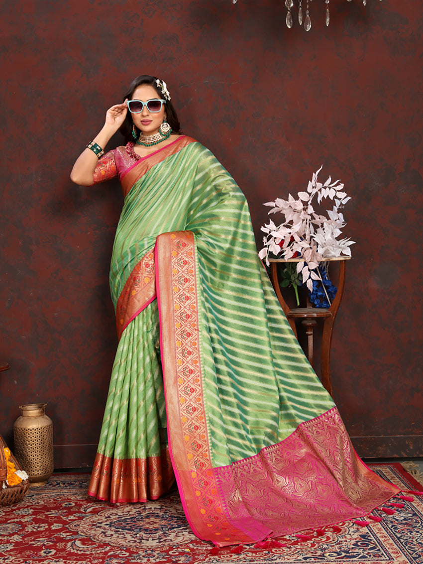 Lorenvalley Fashion Green Organza Silk Woven Design with Rich Meenakari Weaving Pallu Saree