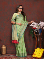 Lorenvalley Fashion Green Soft Katan Silk Woven Design Zari Weaving Pallu Saree