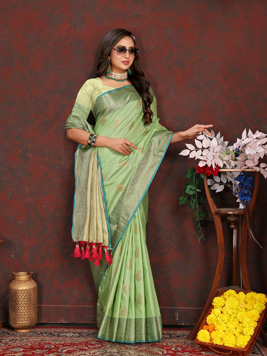 Lorenvalley Fashion Green Soft Katan Silk Woven Design Zari Weaving Pallu Saree