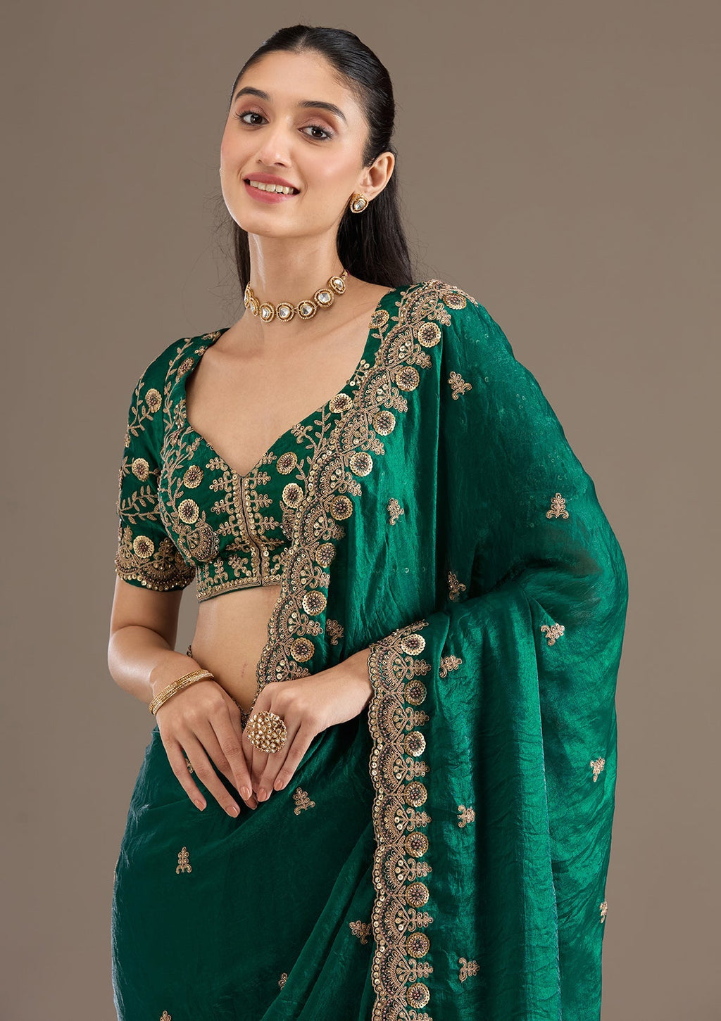 Lorenvalley Fashion Green Fendy Satin with Embroidery Double Sequence Work Saree with Blouse - Distacart