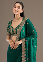 Lorenvalley Fashion Green Fendy Satin with Embroidery Double Sequence Work Saree with Blouse - Distacart