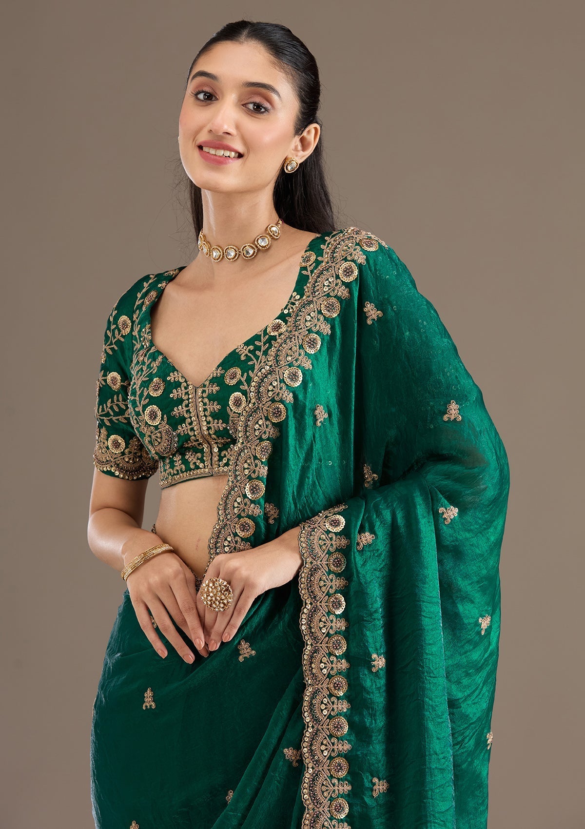Lorenvalley Fashion Green Fendy Satin with Embroidery Double Sequence Work Saree with Blouse - Distacart