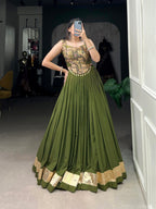 Lorenvalley Pure Rayon Green Plain With Embossed Design Lace Touch Up Lehenga Choli