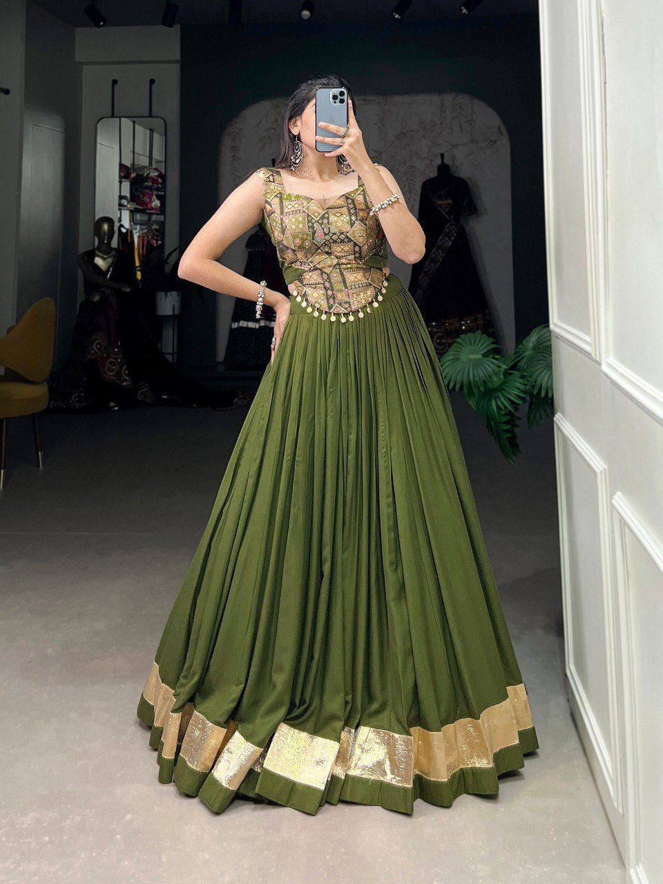 Lorenvalley Pure Rayon Green Plain With Embossed Design Lace Touch Up Lehenga Choli
