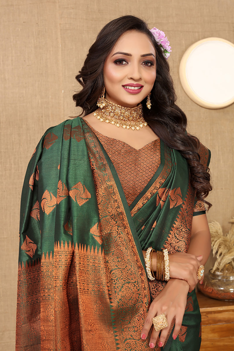 Lorenvalley Fashion Green Soft Katan Silk Woven Design Copper Zari Weaving Saree