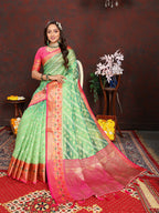 Lorenvalley Fashion Green Organza Silk Woven Design with Rich Meenakari Weaving Pallu Saree