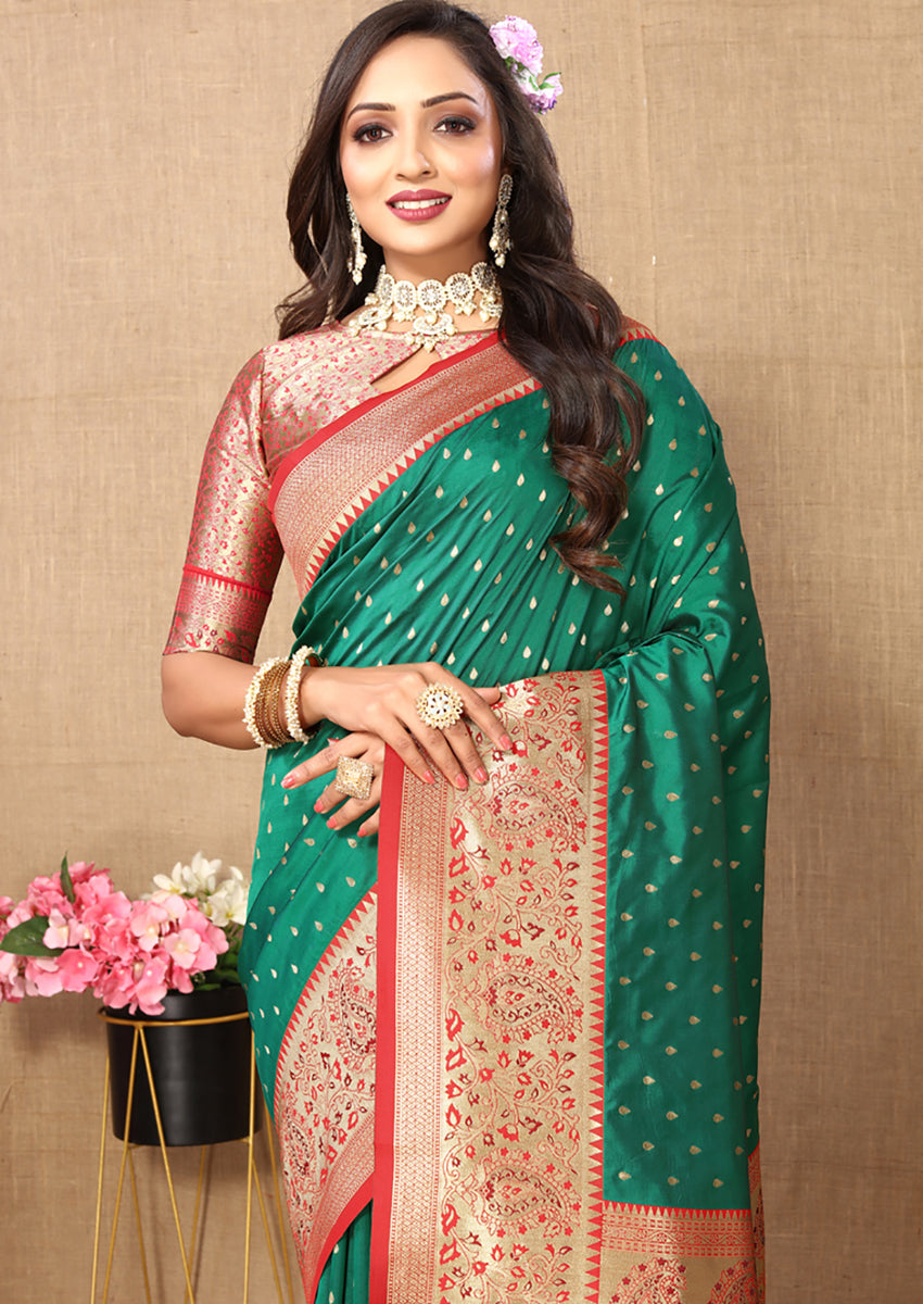 Lorenvalley Fashion Green Soft Silk weaving Design Rich Zari Weaving Saree