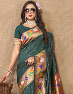 Lorenvalley Fashion Green Soft Paithani Silk Woven Design Rich Zari Meenakari Weaving Saree