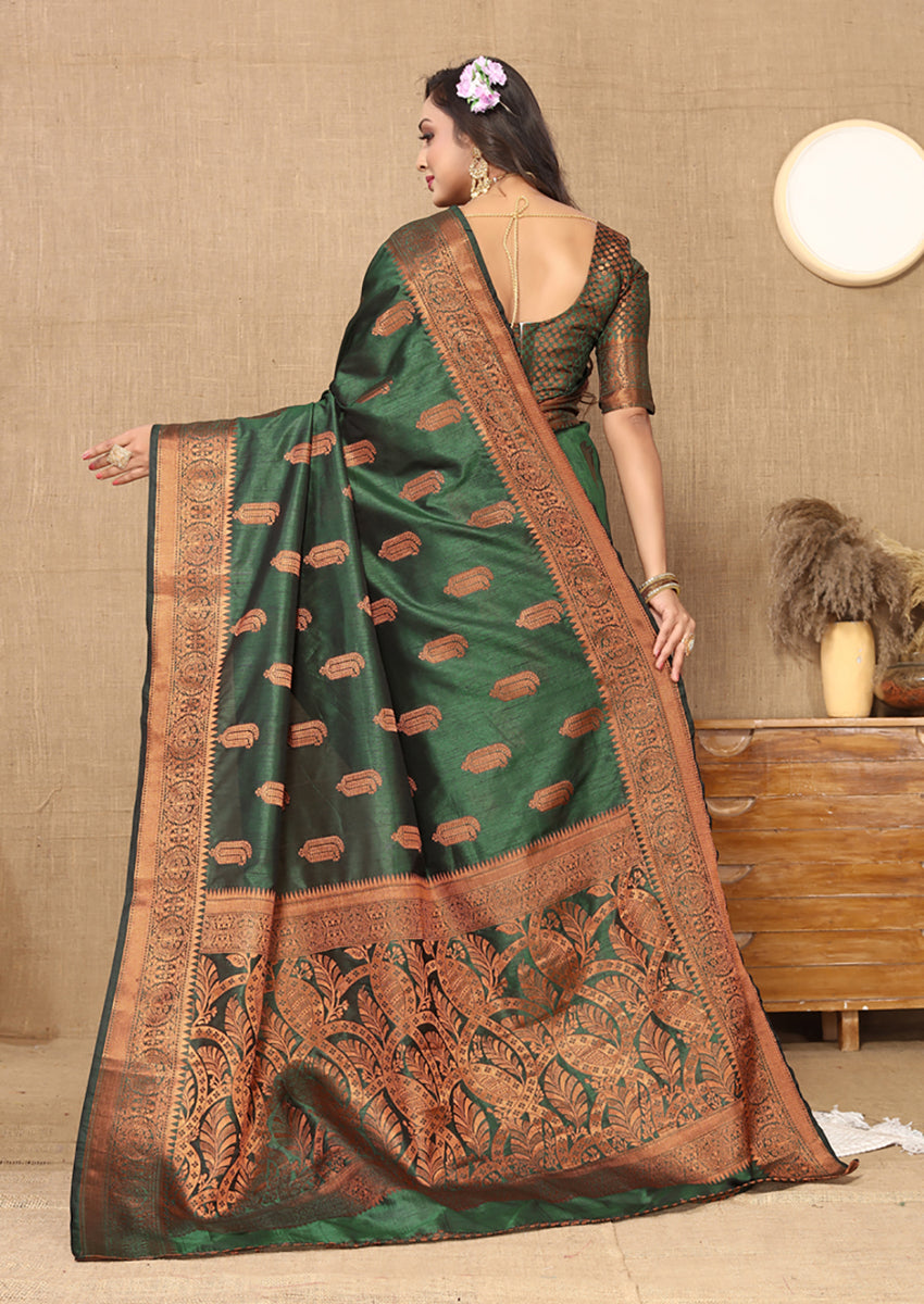 Lorenvalley Fashion Green Soft Katan Silk Woven Design Copper Zari Weaving Saree