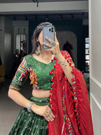 Lorenvalley Green Dola Silk Patola Print With Gamthi Work Lace Border Lehenga Choli with Dupatta