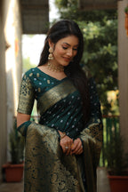 Lorenvalley Premium Pure Handmade Bandhej Kanjivaram silk saree with Zari Weaving Rich Pallu saree - Green