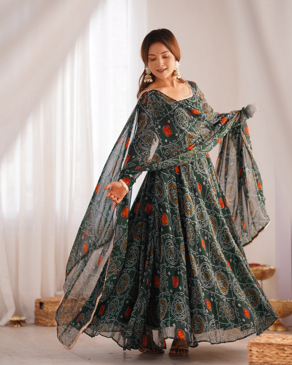 Lorenvalley Women Soft Lightweight Chiffon Bandhej Print Fabric Anarkali Kurta Pant With Dupatta Set