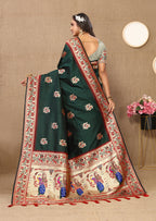 Lorenvalley Fashion Green Soft Paithani Silk Woven Design Rich Meenakari Zari Weaving Pallu Saree