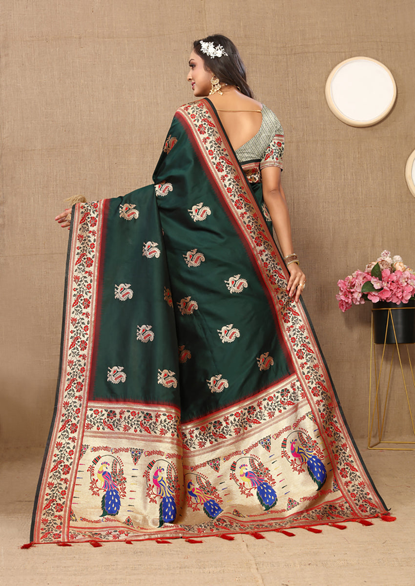 Lorenvalley Fashion Green Soft Paithani Silk Woven Design Rich Meenakari Zari Weaving Pallu Saree
