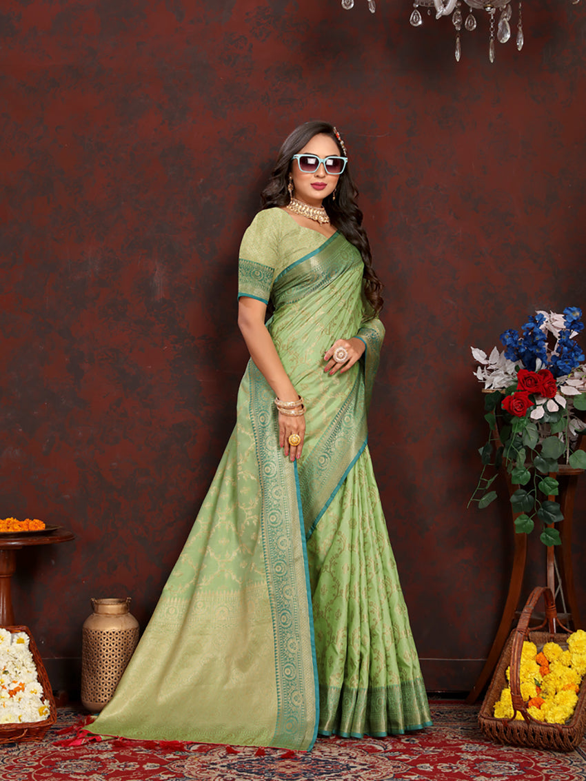 Lorenvalley Fashion Green Soft Katan Silk Woven Design Zari Weaving Pallu Saree