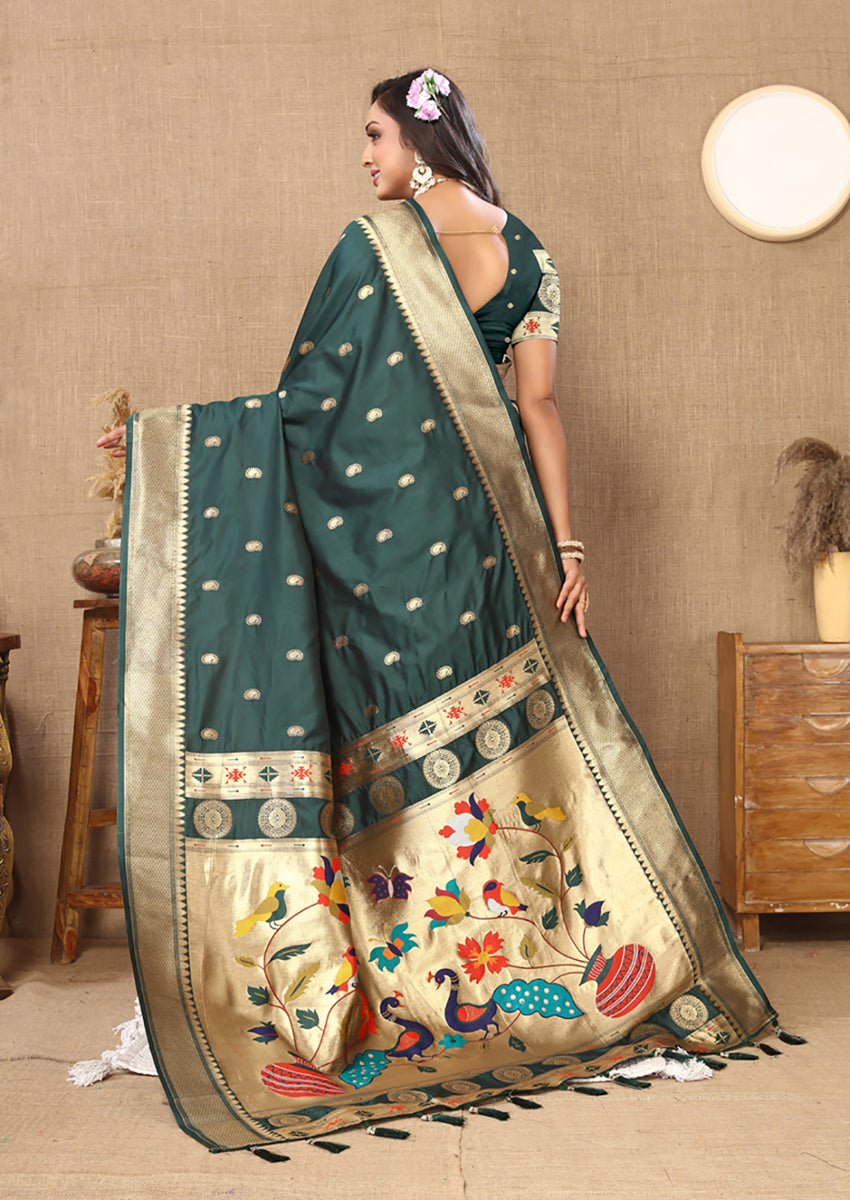 Lorenvalley Fashion Green Soft Paithani Silk Woven Design Rich Zari Meenakari Weaving Saree