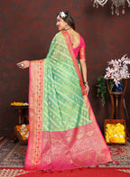 Lorenvalley Fashion Green Organza Silk Woven Design with Rich Meenakari Weaving Pallu Saree