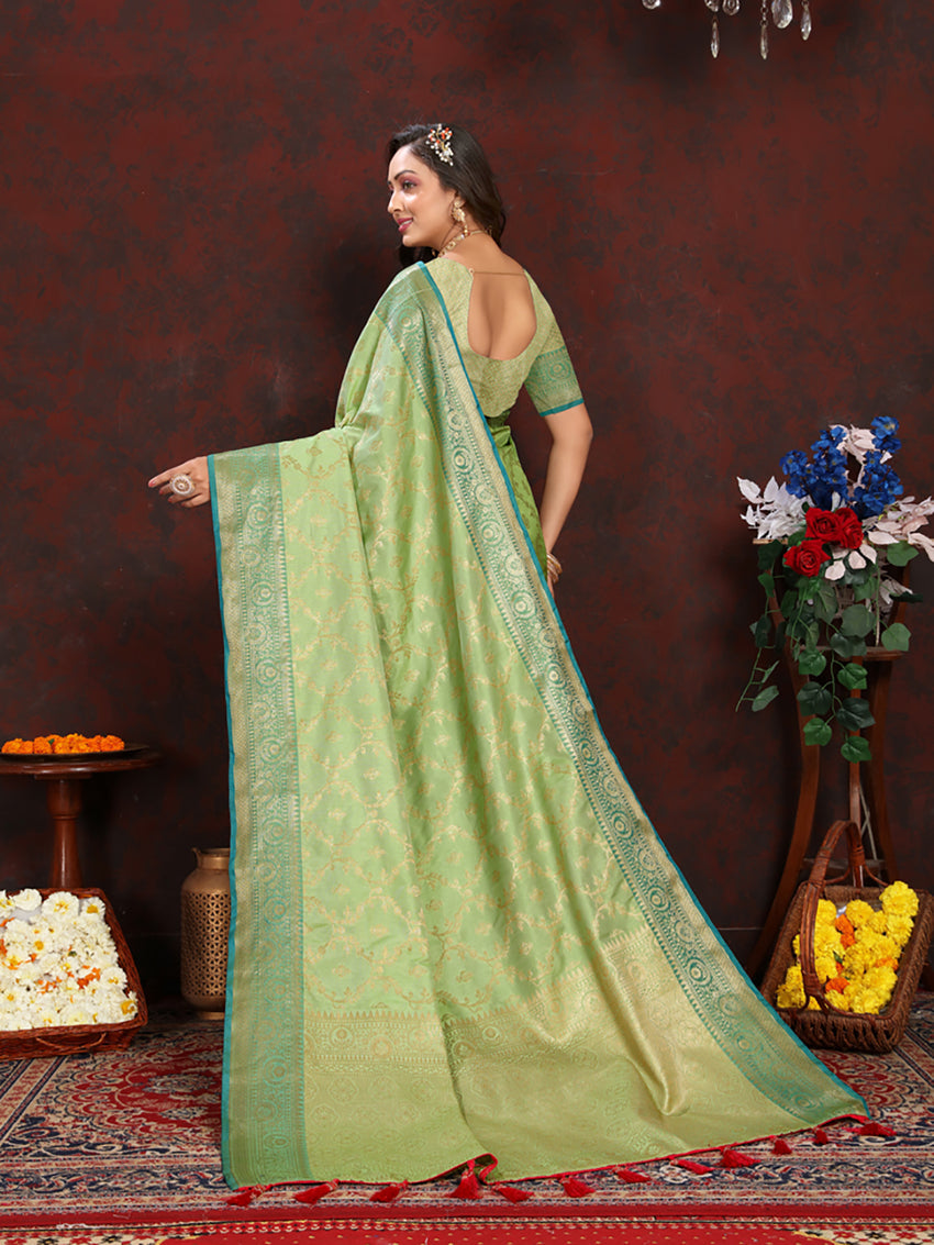Lorenvalley Fashion Green Soft Katan Silk Woven Design Zari Weaving Pallu Saree
