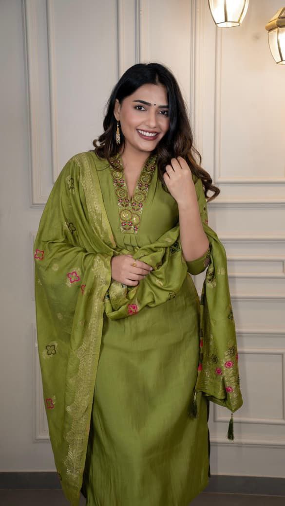 Lorenvalley Fashion Green Roman Silk Embroidery Sequence Work Kurta Pant with Dupatta - Distacart