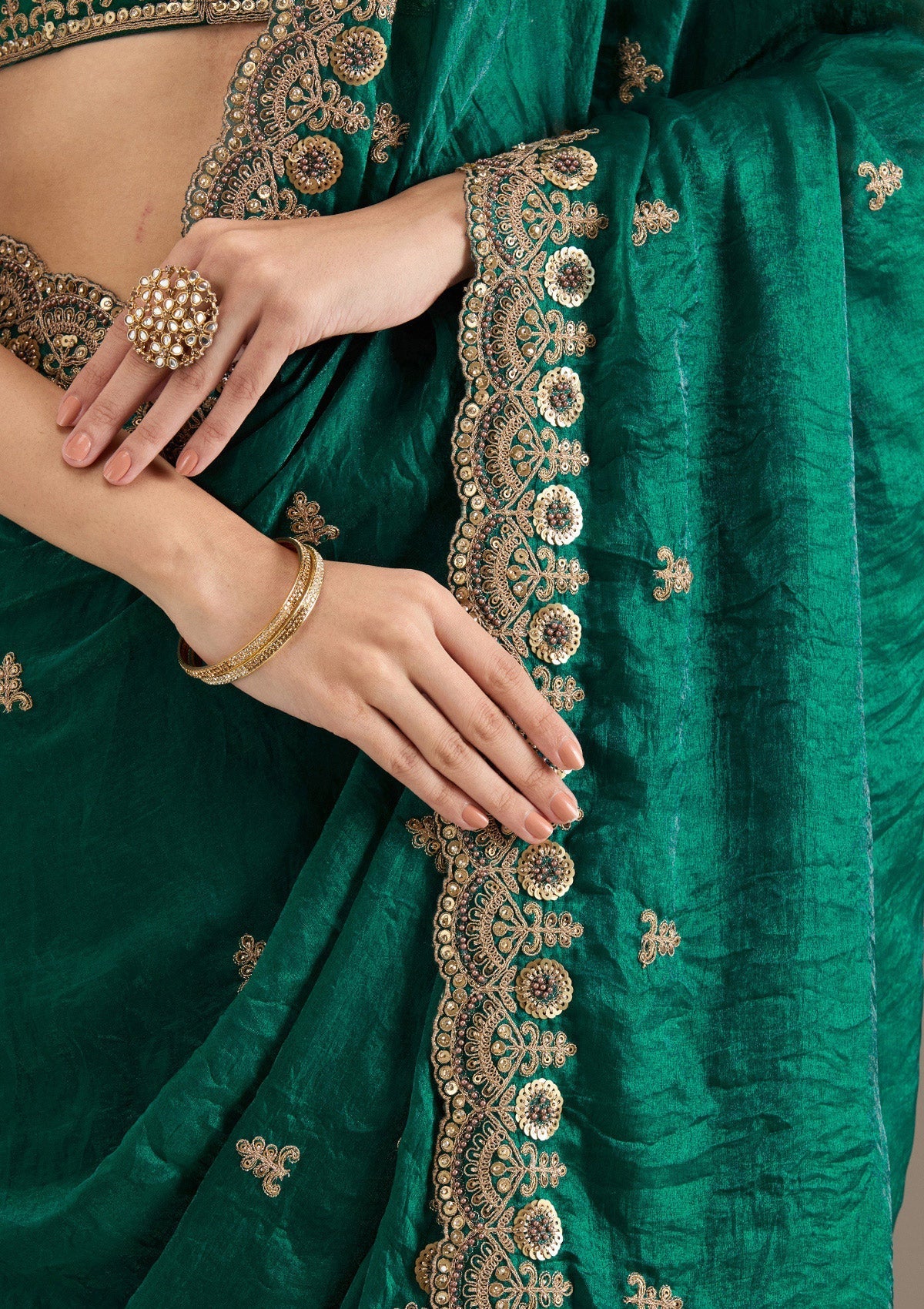 Lorenvalley Fashion Green Fendy Satin with Embroidery Double Sequence Work Saree with Blouse - Distacart