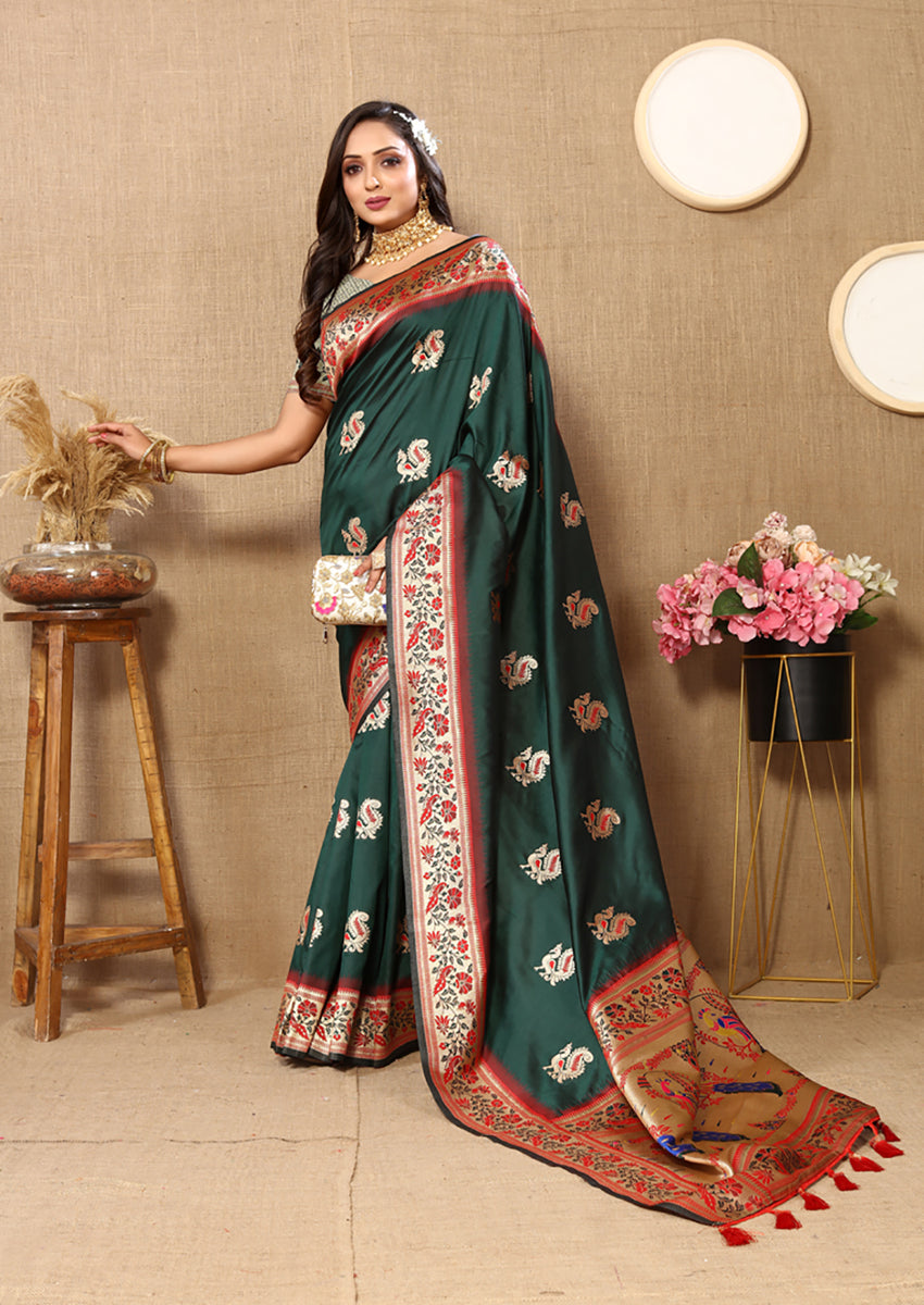 Lorenvalley Fashion Green Soft Paithani Silk Woven Design Rich Meenakari Zari Weaving Pallu Saree