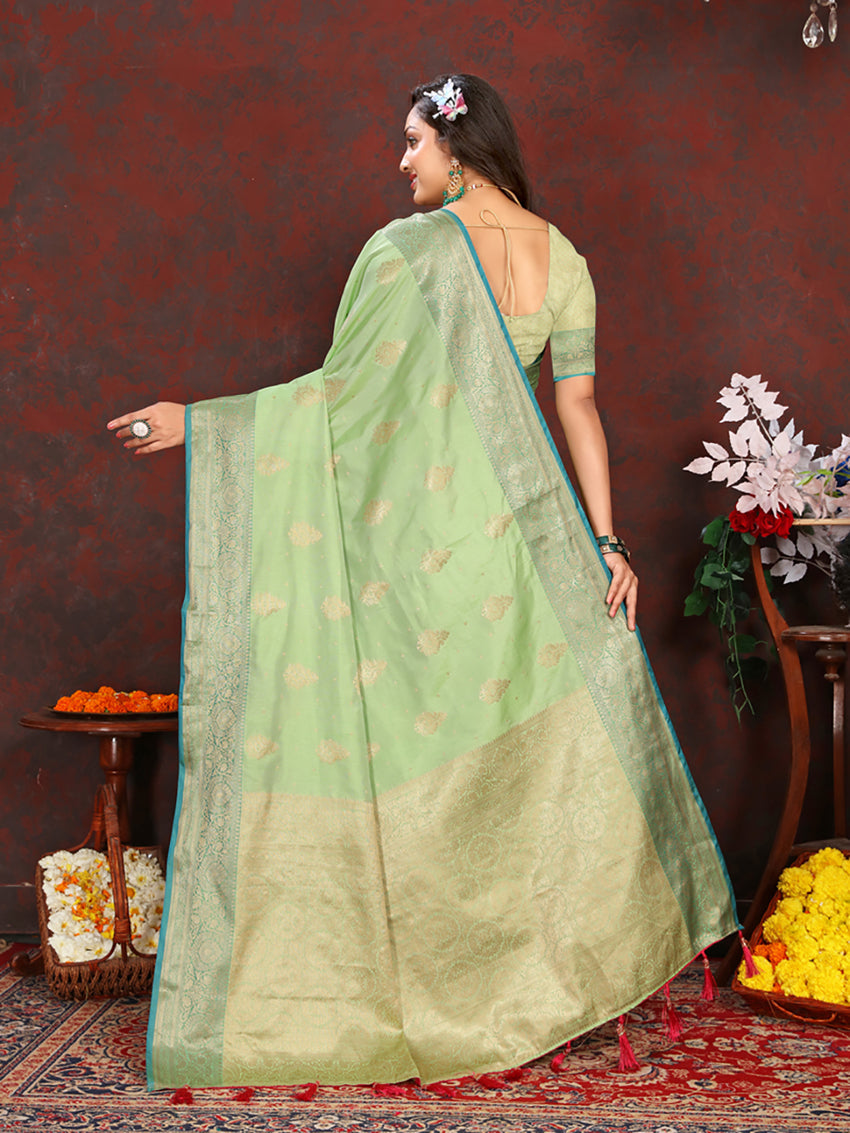 Lorenvalley Fashion Green Soft Katan Silk Woven Design Zari Weaving Pallu Saree