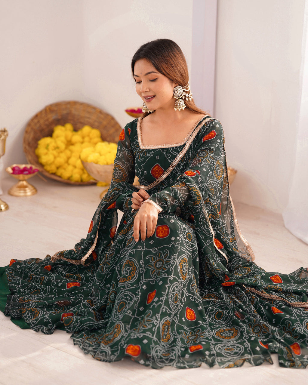Lorenvalley Women Soft Lightweight Chiffon Bandhej Print Fabric Anarkali Kurta Pant With Dupatta Set