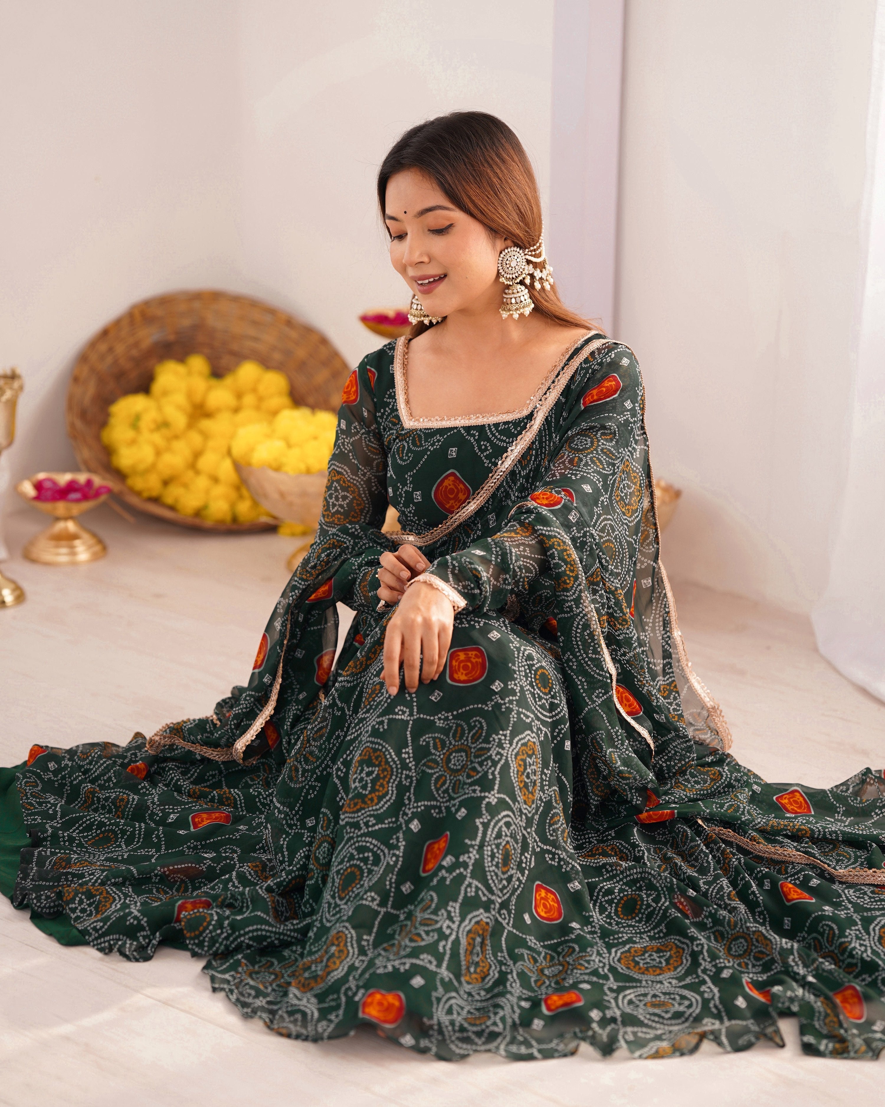 Lorenvalley Women Soft Lightweight Chiffon Bandhej Print Fabric Anarkali Kurta Pant With Dupatta Set