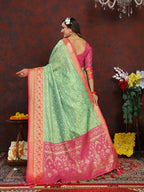 Lorenvalley Fashion Green Organza Silk Woven Design with Rich Meenakari Weaving Pallu Saree