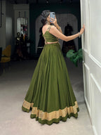 Lorenvalley Pure Rayon Green Plain With Embossed Design Lace Touch Up Lehenga Choli