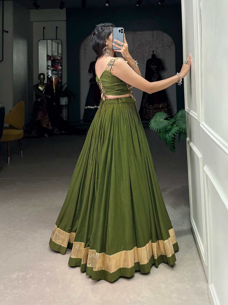 Lorenvalley Pure Rayon Green Plain With Embossed Design Lace Touch Up Lehenga Choli