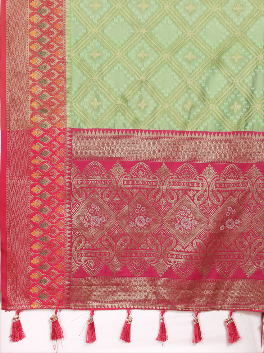 Lorenvalley Fashion Green Organza Silk Woven Design with Rich Meenakari Weaving Pallu Saree