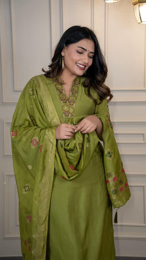 Lorenvalley Fashion Green Roman Silk Embroidery Sequence Work Kurta Pant with Dupatta - Distacart