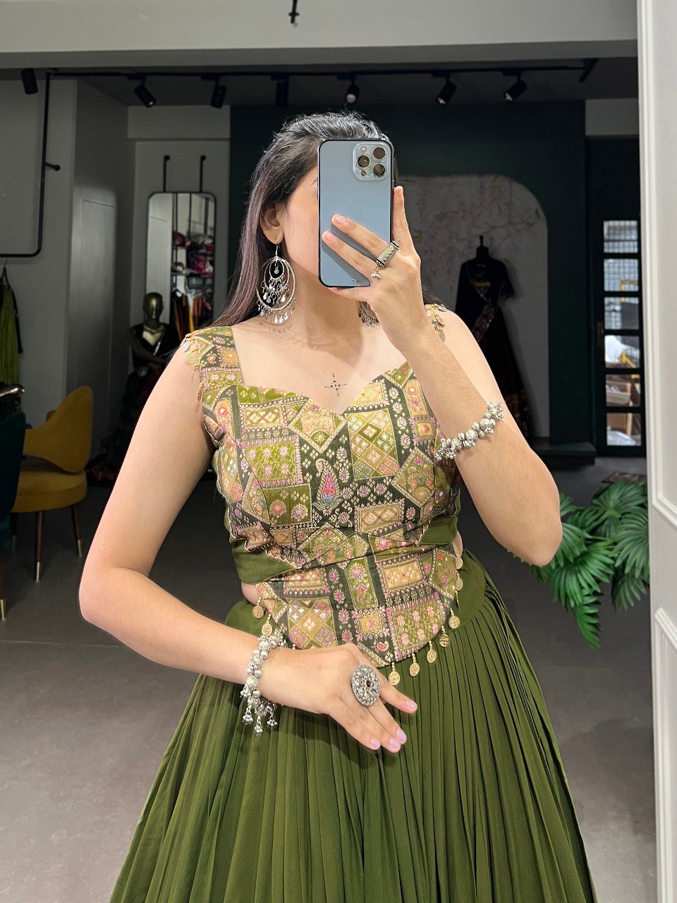 Lorenvalley Pure Rayon Green Plain With Embossed Design Lace Touch Up Lehenga Choli