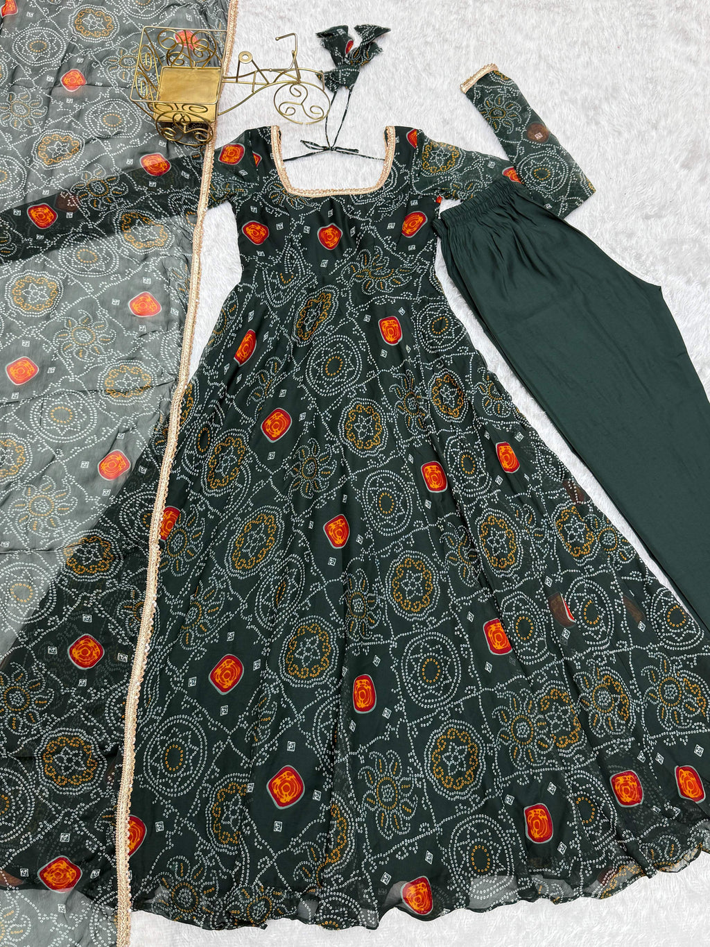 Lorenvalley Women Soft Lightweight Chiffon Bandhej Print Fabric Anarkali Kurta Pant With Dupatta Set