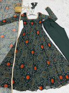 Lorenvalley Women Soft Lightweight Chiffon Bandhej Print Fabric Anarkali Kurta Pant With Dupatta Set