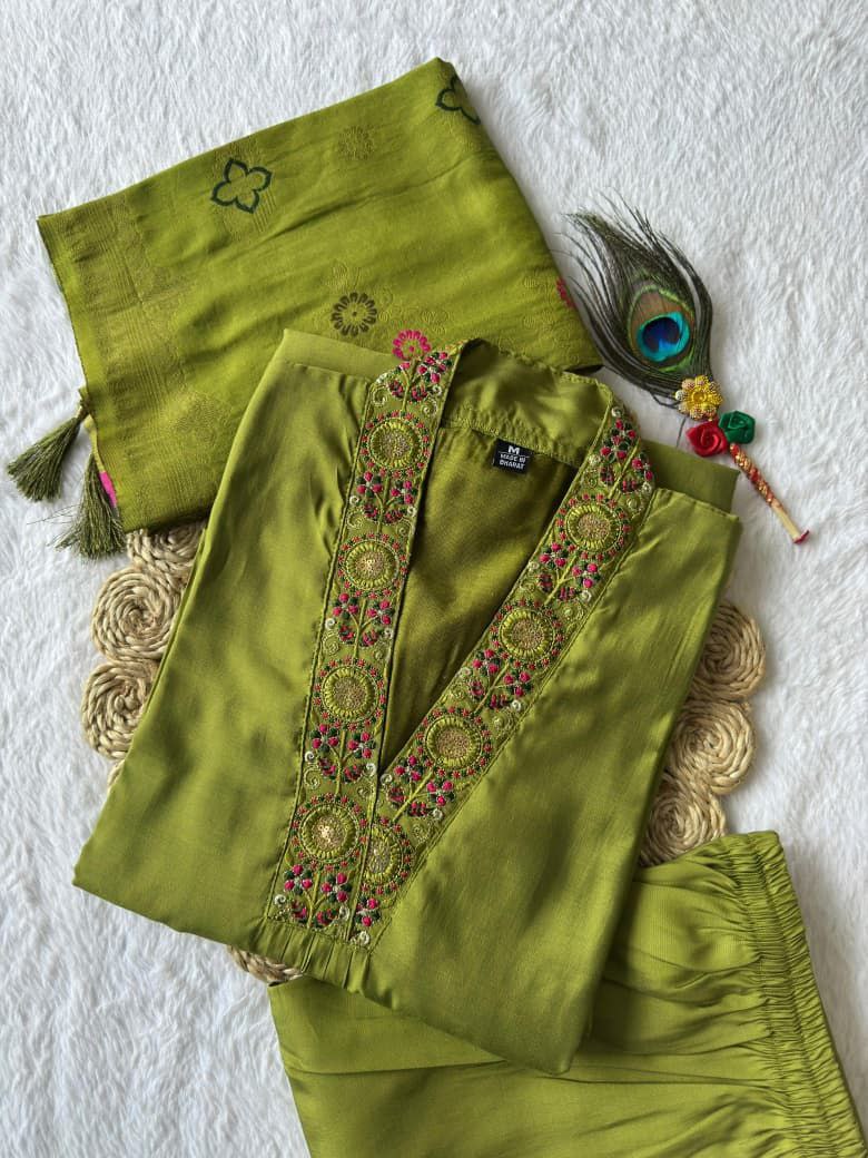 Lorenvalley Fashion Green Roman Silk Embroidery Sequence Work Kurta Pant with Dupatta - Distacart
