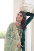 Lorenvalley Fashion Green Velvet with Rich Sequins & Zari Embroidered work Kurta Pant with Dupatta - Distacart