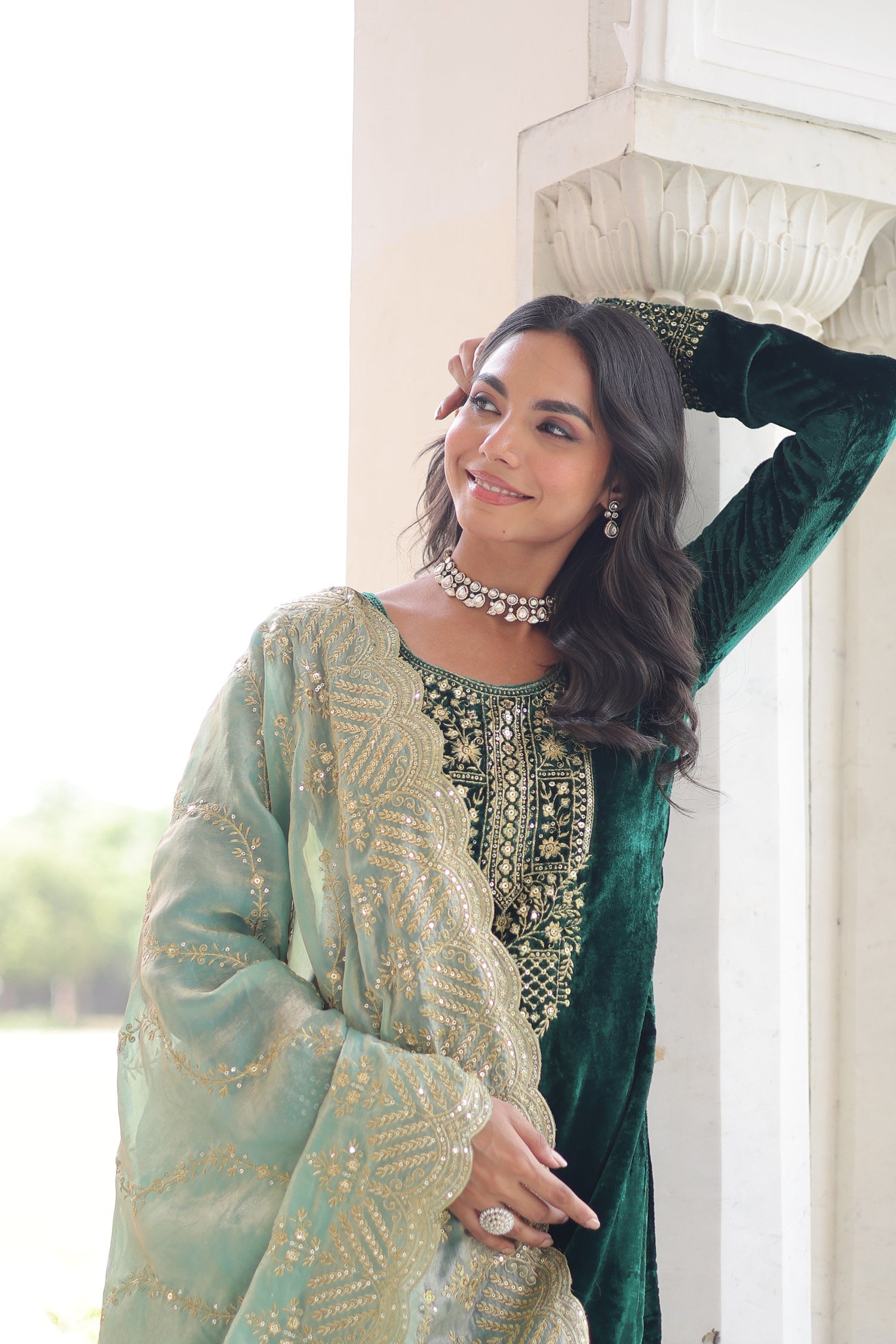 Lorenvalley Fashion Green Velvet with Rich Sequins & Zari Embroidered work Kurta Pant with Dupatta - Distacart