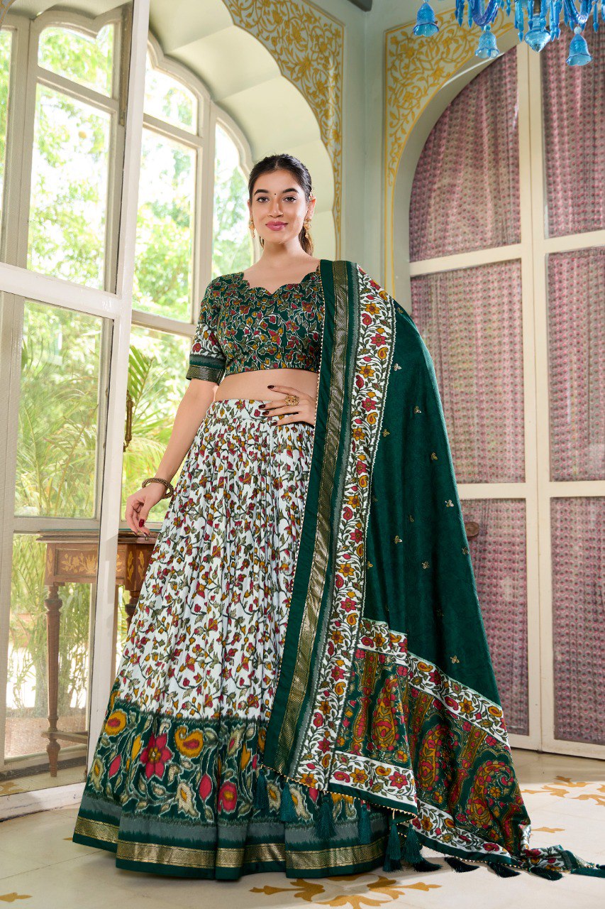 Lorenvalley Green Tussar Silk Floral Print with Foil Print Lehenga Choli with Dupatta