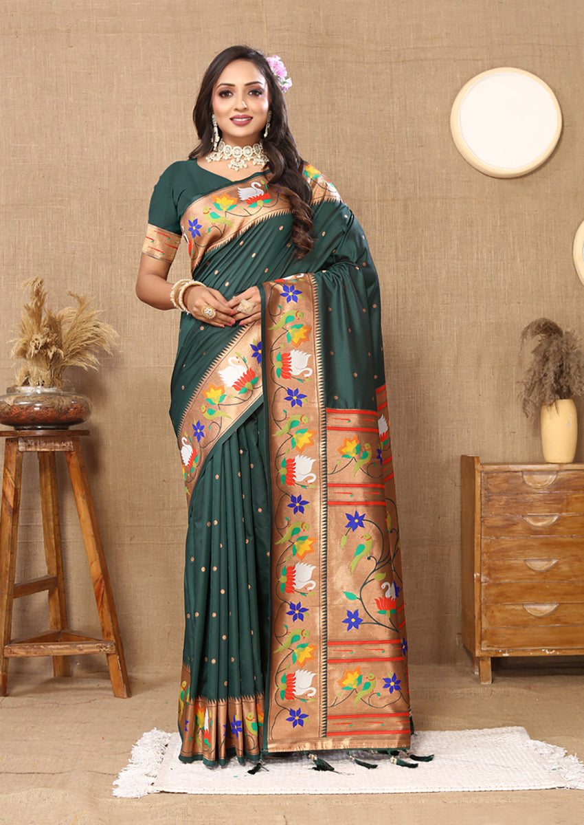 Lorenvalley Fashion Green Soft Paithani Silk Woven Design Rich Zari Meenakari Weaving Saree